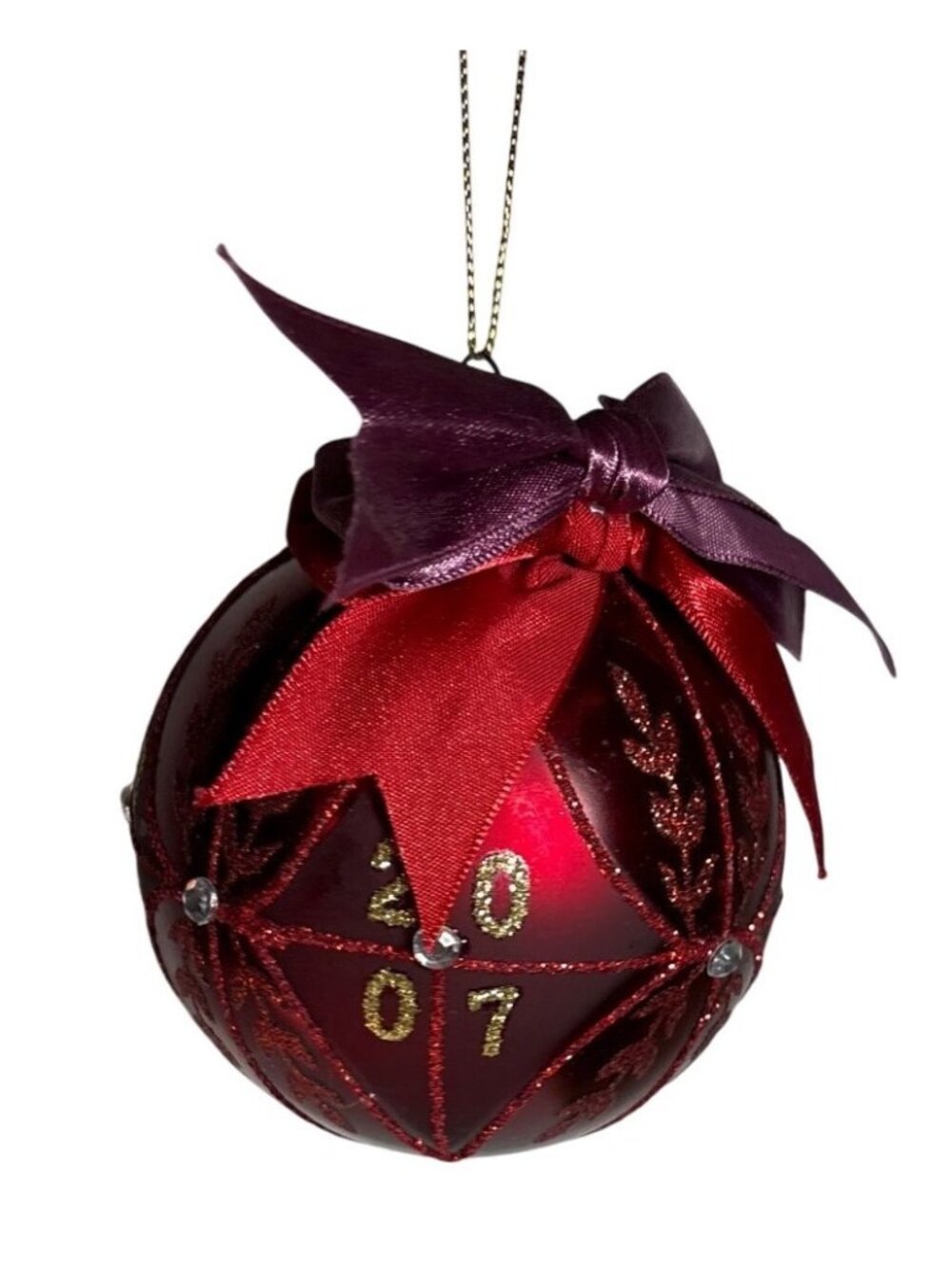 Red Christmas Ornament With Glitter Accents 2007 Design Purple & Red Ribbon